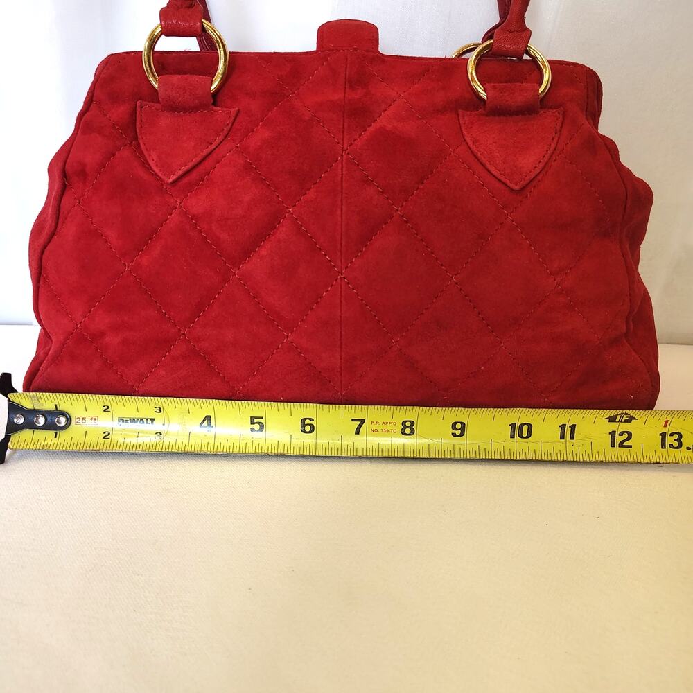 Vintage Red Quilted Suede Leather Satchel Handbag Gold Hardware Top Handle Purse - Picture 10 of 16